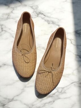 Mansur Gavriel Raffia Woven Tan Dream Ballerina Ballet Flats Bow Shoes 36/ 5.5